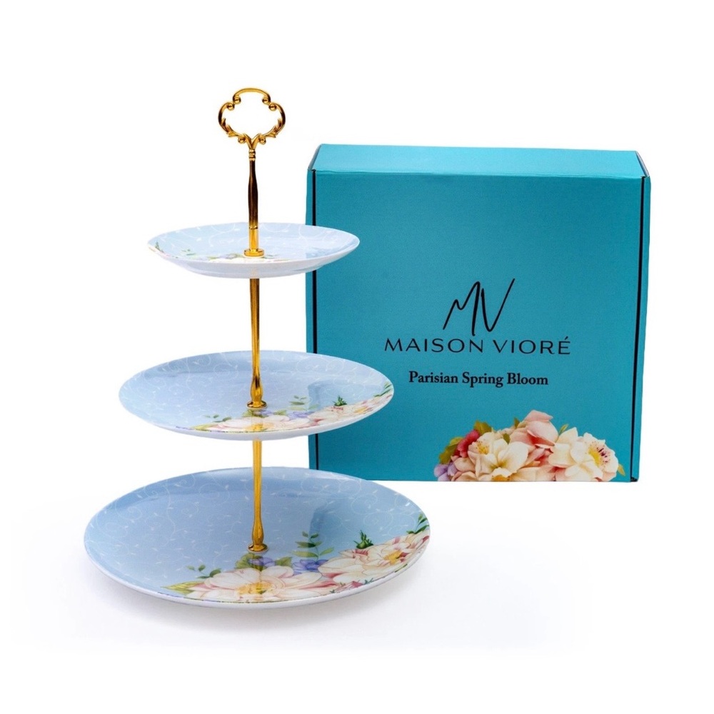 Maison Viore Parisian Spring Bloom 3 Tier Serving Tray Blue